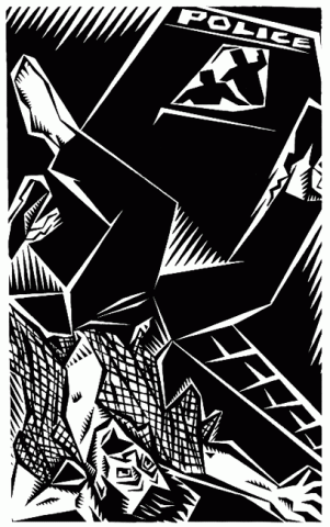 Grafiken des anarchistischen Künstlers Clifford Harper - Ermordung des Anarchisten Pinelli