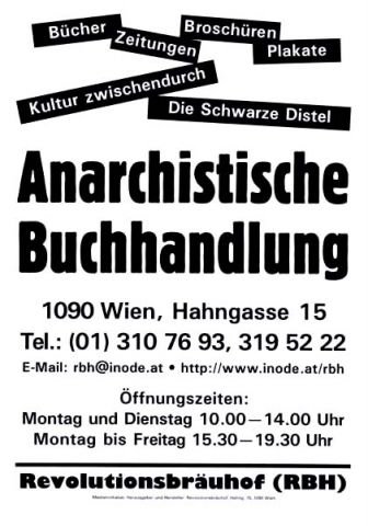 Plakat Anarchistische Buchhandlung der anarchistischen Gruppe Revolutionsbräuhof Wien