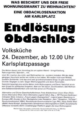 Plakat Endlösung Obdachlos der anarchistischen Gruppe Revolutionsbräuhof Wien